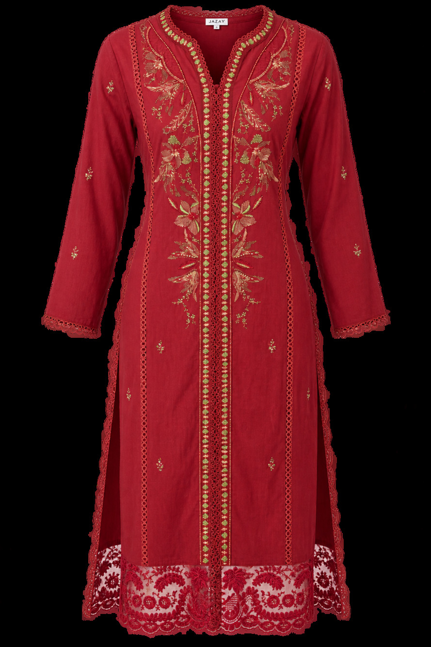 Embroidered lawn shirt kaftan Vibrant Crimson/Maroon Sz Medium Ethnic lace tunic
